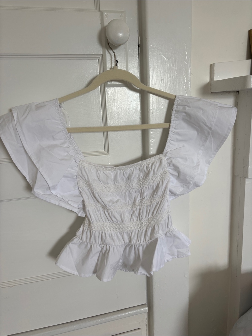 Zara White Smocked Peplum Crop Top with Flutter Sleeves